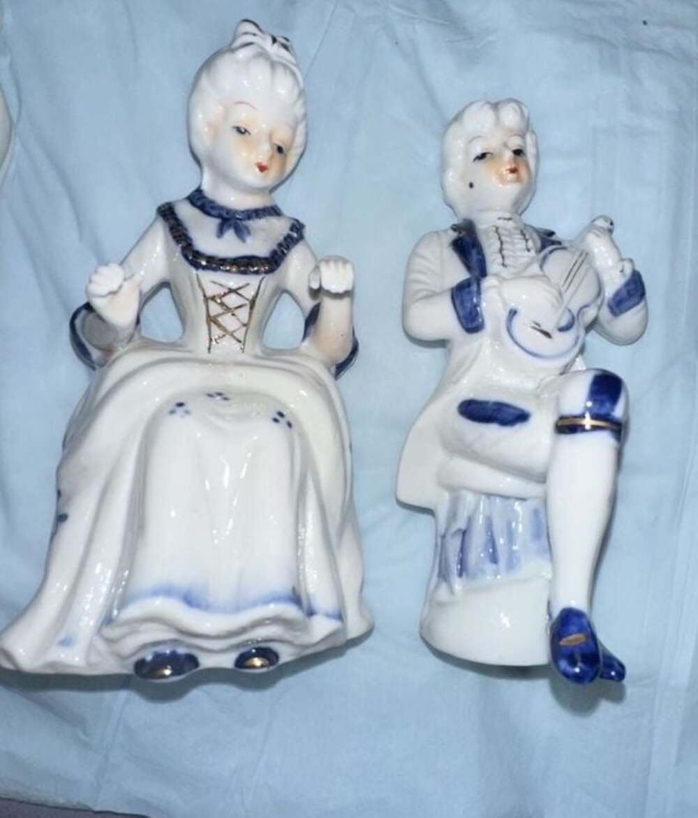 Vintage Blue and White Porcelain Figurines of a Man and Woman, Victorian Style